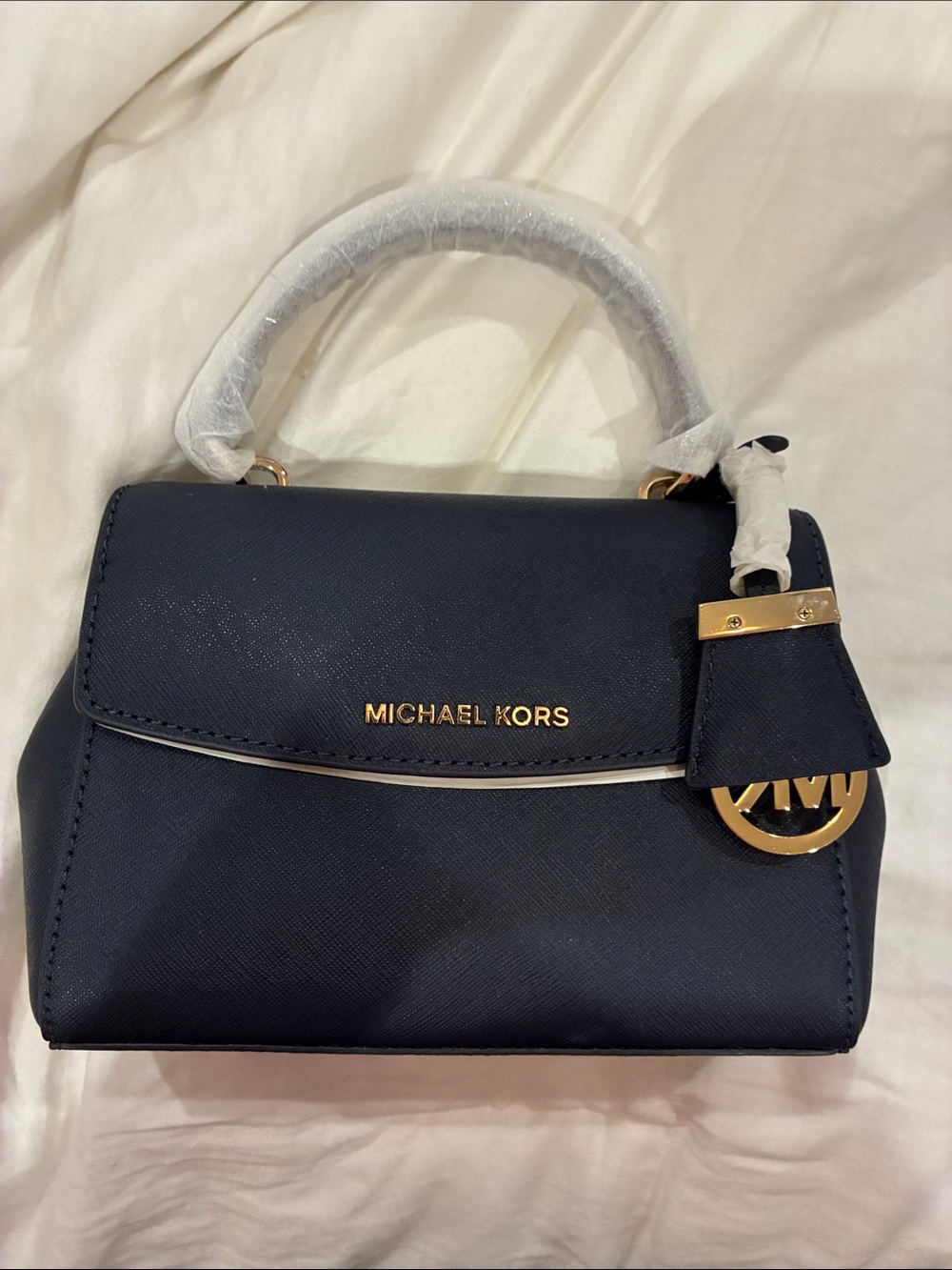 Michael Kors Navy Top-Handle Satchel with Gold Hardware